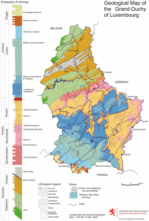 "Simplified geological map of Luxembourg, © SGL 2007" (Klicken fir de grous ze maachen)